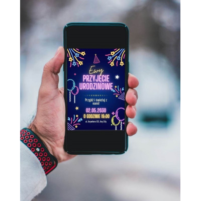 Niebieskie neonowe zaproszenie urodzinowe – kolorowy design | Vaider.c