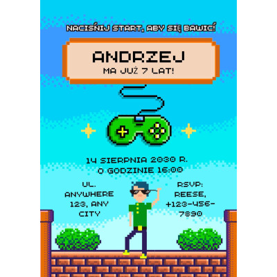 Niebieskie retro pikselowe zaproszenie urodzinowe