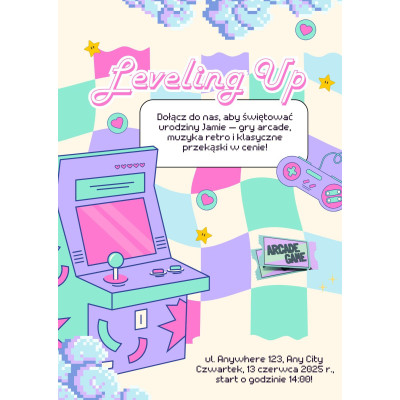 Fioletowe retro arcade zaproszenie urodzinowe